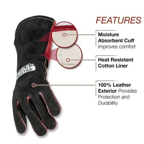 Women’s Welding Gloves For Stick MIG And Flux Core Welds Pro Grade Heat Resistant Leather With Soft Cotton Liner Sized For Small Hands Black And Red Durable Hand Protection showing features of moisture absorbent cuff, heat resistant cotton liner, and leather exterior.
