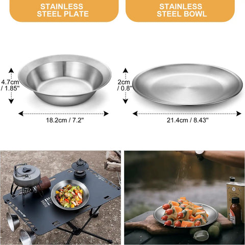 Stainless Steel Camping Mess Kit For 1 Person Portable Tableware Set With Plate Cup Bowl Cutlery Knife Spoon Travel Case Trail Ready