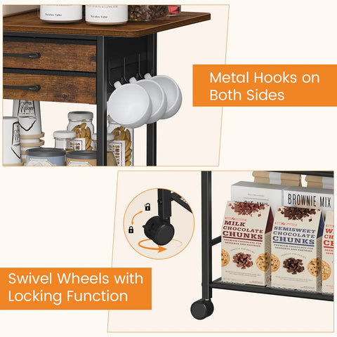 Close-up of Five Tier Rolling Coffee Cart with metal hooks, swivel wheels, and large drawers, farmhouse style.