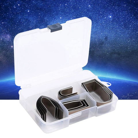 18 Piece Leather Craft Embossing Punch Set Kit With Pro Grade Alloy Steel Tools for DIY projects, shown in open storage case with parts visible.