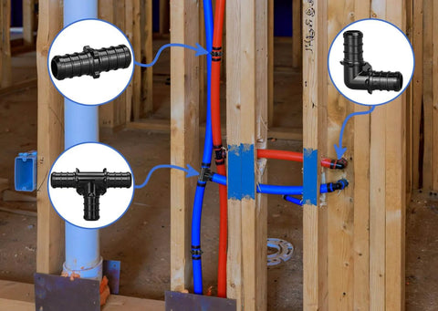 Half Inch Poly PPSU Barb Crimp PEX Fittings Set, 30 Pieces Including 10 Elbows, 10 Straights, 10 Tees, No Lead, Perfect For Potable Water And Radiant Heating Systems, Durable High Quality, Seamless Installation installed in wooden frame