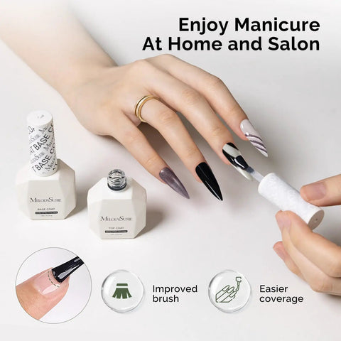 Applying HEMA Free Gel Polish Base Coat And Top Coat Set No Wipe Soak Off UV Long Lasting Glossy Finish on nails