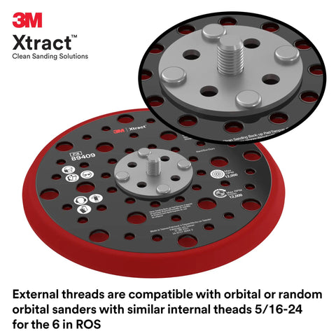 Xtract Hookit Sanding Disc Backing Pad 6 Inch Low Profile Heavy Duty 49 Hole Hard Foam 5/16-24 with threaded hole detail