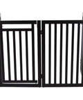 Freestanding 4 Panel Pet Gate With Walk Through Door Adjustable Indoor Dog Barrier Fence shown in brown, partially folded.