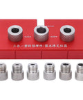 Top Shelf Wood Doweling Jig Drill Kit With Spot On Scaling Ruler And Rugged Aluminum Frame For Hassle Free Furniture Joinery And Cabinet Refinishing Projects Built Damn Tough And Ready For Work Red, showing metal bushings on red holder.
