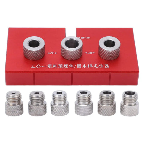 Top Shelf Wood Doweling Jig Drill Kit With Spot On Scaling Ruler And Rugged Aluminum Frame For Hassle Free Furniture Joinery And Cabinet Refinishing Projects Built Damn Tough And Ready For Work Red, showing metal bushings on red holder.