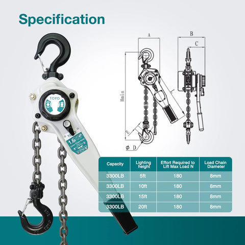 TOYO lever chain hoist, 20 ft chain, 3500 lb capacity; white housing with black top hook and visible bottom hook