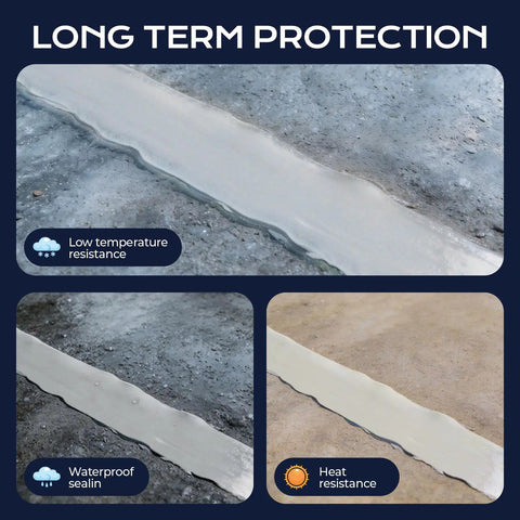 Self Leveling Concrete Crack Filler Two Pack Fast Curing Watersealer plugs visible in segments, showing low temperature and heat resistance.