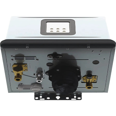 Back view of Premium Gas Tankless Water Heater With Rock Solid X3 Scale Prevention Tech showing gas and water connections.