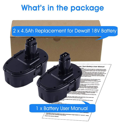 Two Pack 18V 4500mAh Ni-MH Replacement Battery for Cordless Power Tools XRP Compatible shown with box and user manual