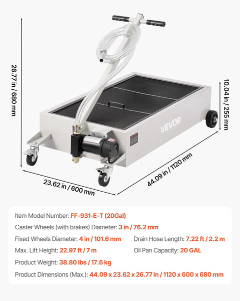 Heavy Duty Electric Oil Drain Pan With 20 Gal Capacity And 110V High Flow Pump, Rolling Waste Oil Tank from side view with dimensions.