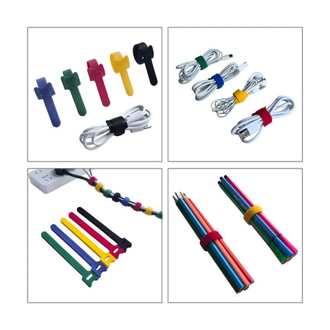80 Piece 6 Inch Multi Color Reusable Cable Ties Cord Straps For DIY Friendly Multi Purpose Wire Ties Cord Wrap Hook And Loop Organizer Cable Management Adjustable Ties For Organizing Home Office And Data Centers shown in various uses and colors.