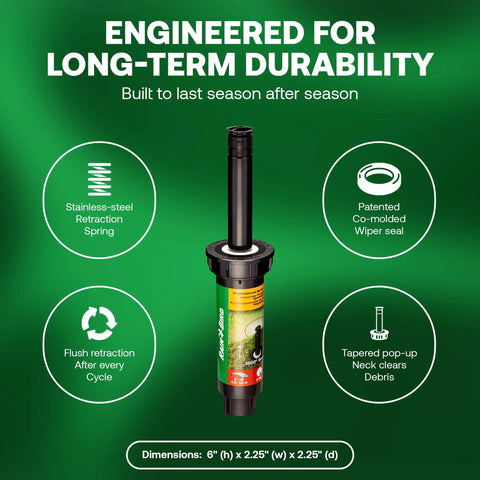 Green background image showing features of 1804VAN 4 Inch Pop Up Sprinkler Head Pack With Adjustable 0 To 360 Degree Arc Nozzle Up To 15 Ft Spray Distance