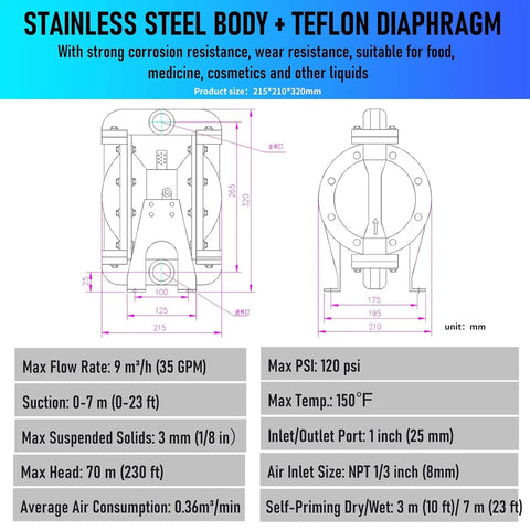 Air-operated double-diaphragm pump with stainless steel body and PTFE diaphragm; 1-inch inlet/outlet ports.