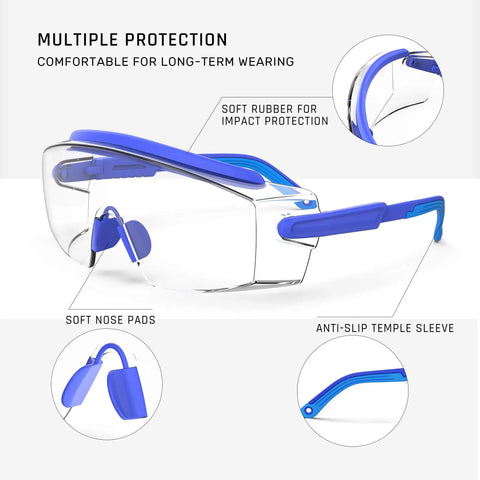 Anti Fog Safety Goggles Over Glasses With Scratch Resistant Lenses And Six Layer Anti Fog Coating Adjustable Frame Blue