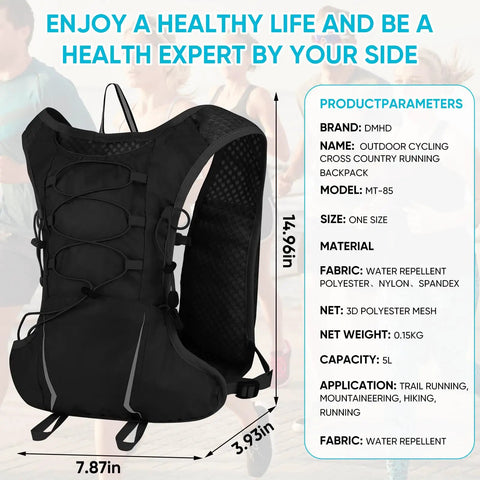 Ultra Lightweight Hydration Vest 5L Water Backpack with 2L BPA Free Bladder for hiking and running, black mesh design