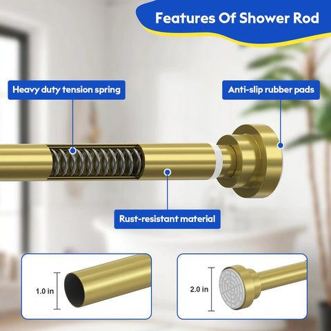 Close-up of gold shower curtain rod tension spring and anti-slip ends, showcasing features of Gold Shower Curtain Rod Adjustable From 32 To 83 Inches No Drilling Spring Tension Bar With Two Free Anti Slip Holders Rust Resistant Finish For Bathroom Window Living Room Patio.
