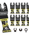 Pro Level Upgraded Carbide Oscillating Tool Blades Eight Piece Set Featuring Advanced TiCn Coating For Multi Material Cut And Scrape Tasks Built Like A Tank To Outlast Ordinary Wear, showing hard metal blades.