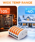 50 Pack Lever Wire Connectors For 28 To 12 AWG With Test Hole 3rd Gen Compact Push In Terminals Reusable Quick Connect Splice Connectors For Home Wiring And No Fuss DIY Projects Pro Grade Safety Vibration Resistant. Lever wire connector shown with 105°C hot and -40°C cold use.