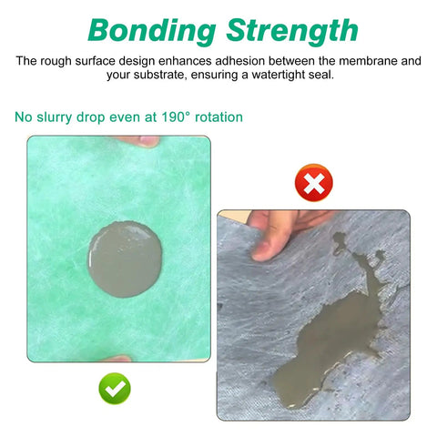 Rock Solid Uncoupling Shower Membrane Waterproof Fabric For Bathrooms And Laundry Rooms Polyethylene Roofing Underlayment Roll shows adhesion test with no slurry drop.