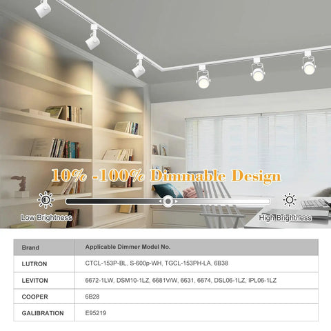 Arcfox Slick H Type LED Track Light Head 9W 3000K illuminating room with dimmable brightness scale and model compatibility list.
