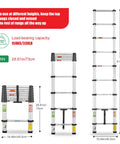 8.5 Ft Aluminum Telescoping Ladder For Home DIY Projects Foldable Extension With 12 Ft Reach Lightweight Portable Type 1A Soft Close Safety Durable Silver Finish, showing foldable 8.5 ft height and 28.81 in width.