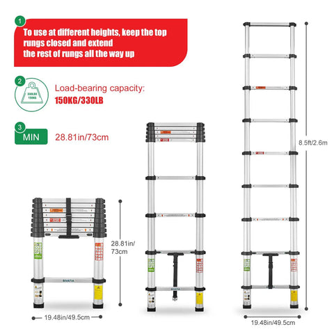 8.5 Ft Aluminum Telescoping Ladder For Home DIY Projects Foldable Extension With 12 Ft Reach Lightweight Portable Type 1A Soft Close Safety Durable Silver Finish, showing foldable 8.5 ft height and 28.81 in width.