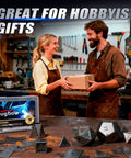 Two people in a workshop with an 18 Piece Welding Coupon Set Made From 17 Gauge Mild Steel For Starter Welders And Beginners displayed on a table.