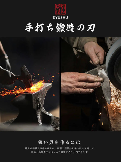 8 Inch Damascus Chef Knife 33 Layer Copper Pattern V Shaped Blade in crafting process with sparks and hands at work.