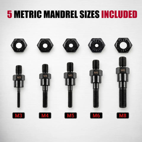 Turn Any Drill Into A Power Rivet Gun With This M3 To M8 Electric Rivet Nut Adapter Kit showing 5 metric mandrel sizes