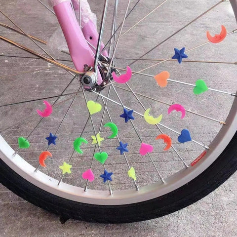 Colorful Five Point Star Bike Spoke Beads Clip On Spokes For Kids And Adults, Easy Snap On Plastic Wheel Decorations, 72 Pcs Mixed Colors on a bike rim