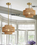 Downright Stunning Handwoven Rattan Pendant Light That Definitely Gives A Super Chill Boho Vibe And Lets Smooth Ambient Lighting Warm Up Your Cozy Kitchen Island. Two pendant lights showcasing height adjustment from 1.9" to 51.2".