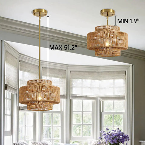 Downright Stunning Handwoven Rattan Pendant Light That Definitely Gives A Super Chill Boho Vibe And Lets Smooth Ambient Lighting Warm Up Your Cozy Kitchen Island. Two pendant lights showcasing height adjustment from 1.9" to 51.2".