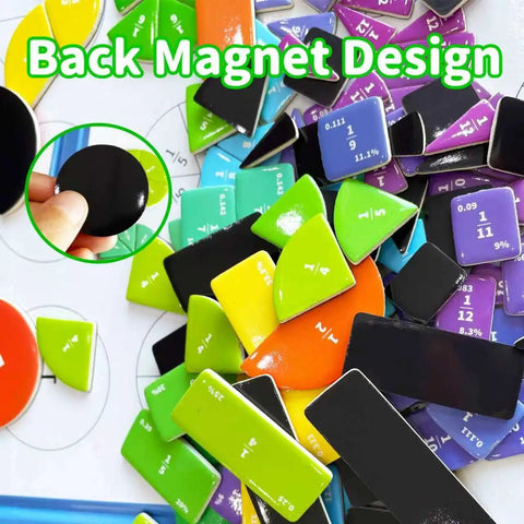 Colorful Magnetic Fraction Tiles And Circles Set For Hands On Math Fun, Kid Tested Visual Learning Tools on whiteboard surface.