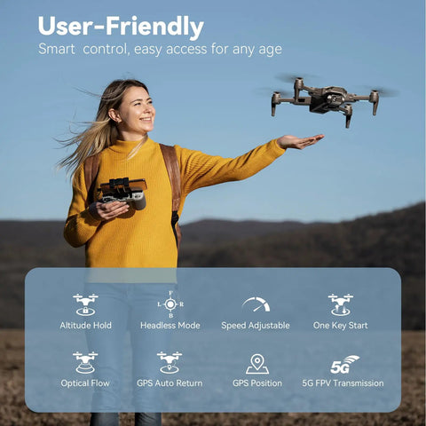 Woman using 4K GPS Drone With Camera For Adults And Beginners Auto Return Home Brushless Motors Follow Me 5G FPV Transmission Smart RC Quadcopter