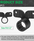 Front view of Briwooody 25-pack 1/2-inch PEX pipe suspension clamps, black butterfly-style plastic supports for PEX, copper, CPVC pipes.