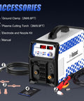 Plug And Play Plasma Cutter With Built In Air Compressor, 40A 120V IGBT Inverter, shown with accessories and digital display