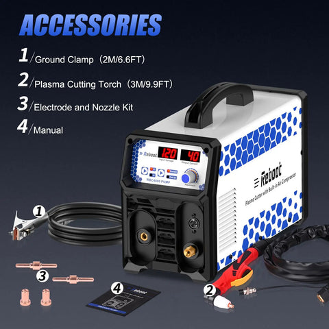 Plug And Play Plasma Cutter With Built In Air Compressor, 40A 120V IGBT Inverter, shown with accessories and digital display