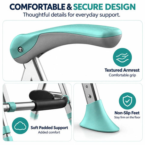 Close-up of textured armrest and non-slip feet of Super Sturdy Toilet Safety Rails For Seniors Heavy Duty Adjustable Bathroom Grab Bars.
