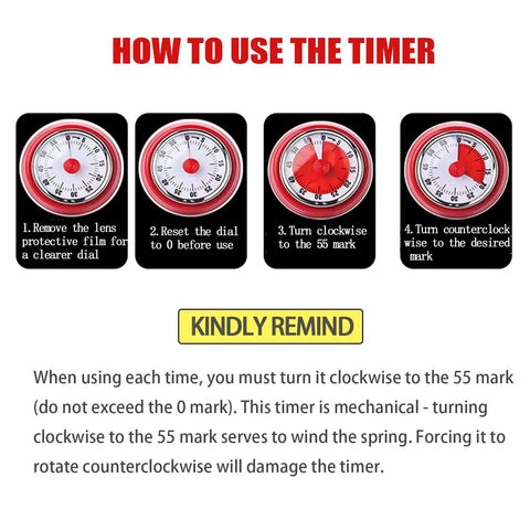 Instructional guide for Battery Free Mechanical Kitchen Timer With Magnetic Backing Delivers A 60 Minute Visual Countdown For Cooking Studying Games And Office Tasks Ideal For Home Cooking And Quick Study Breaks No Battery Hassle