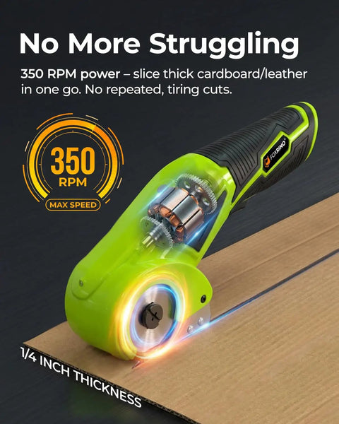 Cordless Electric Cardboard Cutter And Heavy Duty Power Scissors With 350Rpm High Torque Motor cutting through 1/4 inch cardboard.