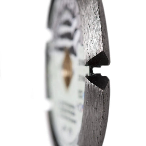 Close-up side view of Diamond Ripper Pro Crack Chaser Diamond Blade 4 Inch Three Eighths Inch Thick V Shaped Edge