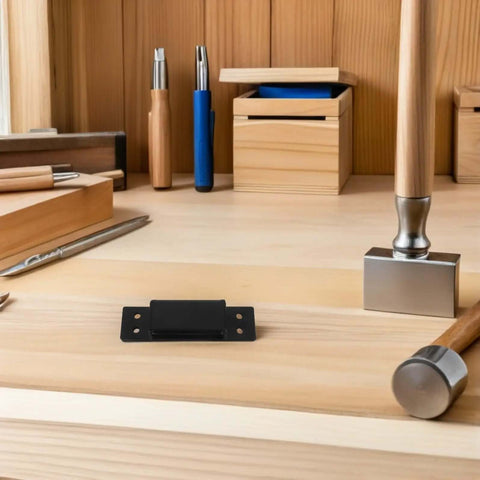Concealed Adjustable 5 Inch Wood Door Hinge Black Square Hidden Cabinet Hinge on a workshop table with tools, for secret doors.