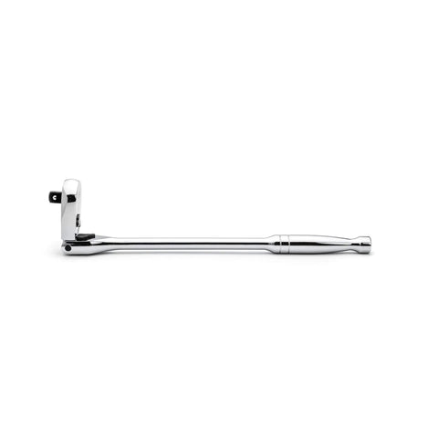 Side view of Half Inch Drive 84 Tooth Locking Flex Head Teardrop Ratchet, 17 Inch Length, enclosed head, chrome finish, flush switch.