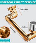 Rustproof faucet extender with solid brass body, 3.7 inches length, detailed view of connector and aerator filter.
