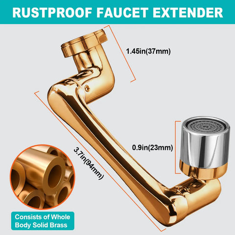 Rustproof faucet extender with solid brass body, 3.7 inches length, detailed view of connector and aerator filter.