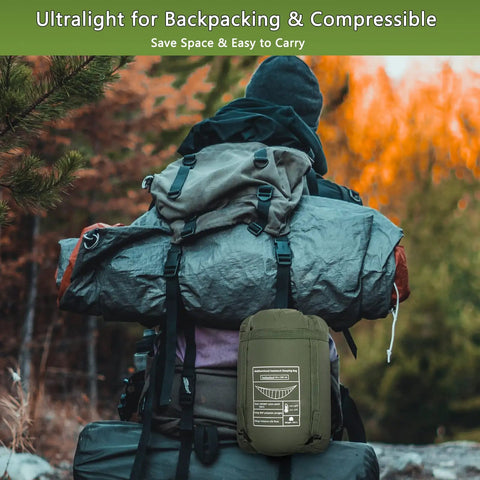 Backpacker carrying Ultralight Hammock Underquilt For Camping Full Length Warm Three To Four Seasons on forest trail