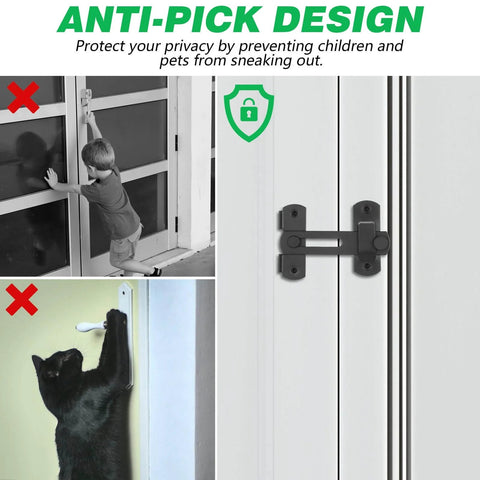 4 Pcs Barn Door Lock Sets With 180 Degree Flip Sliding Latches shown installed on door, preventing child and pet access.