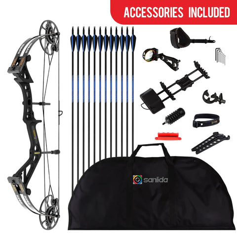Dragon X7 Ready To Hunt Compound Bow Kit For Adults with arrows and accessories, black, beginner friendly, no bow press needed.