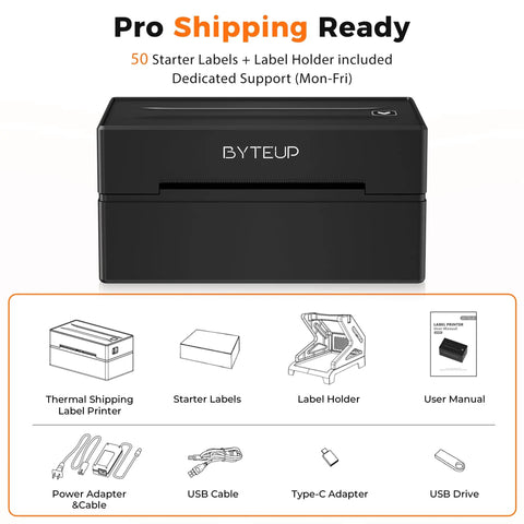 Black Bluetooth Thermal Shipping Label Printer 4x6 Inch, 203 DPI, Inkless For Small Business, Works With iPhone Android Windows Mac Chromebook Via USB, Print Fast And Easy, Save Every First Label, with accessory illustration.
